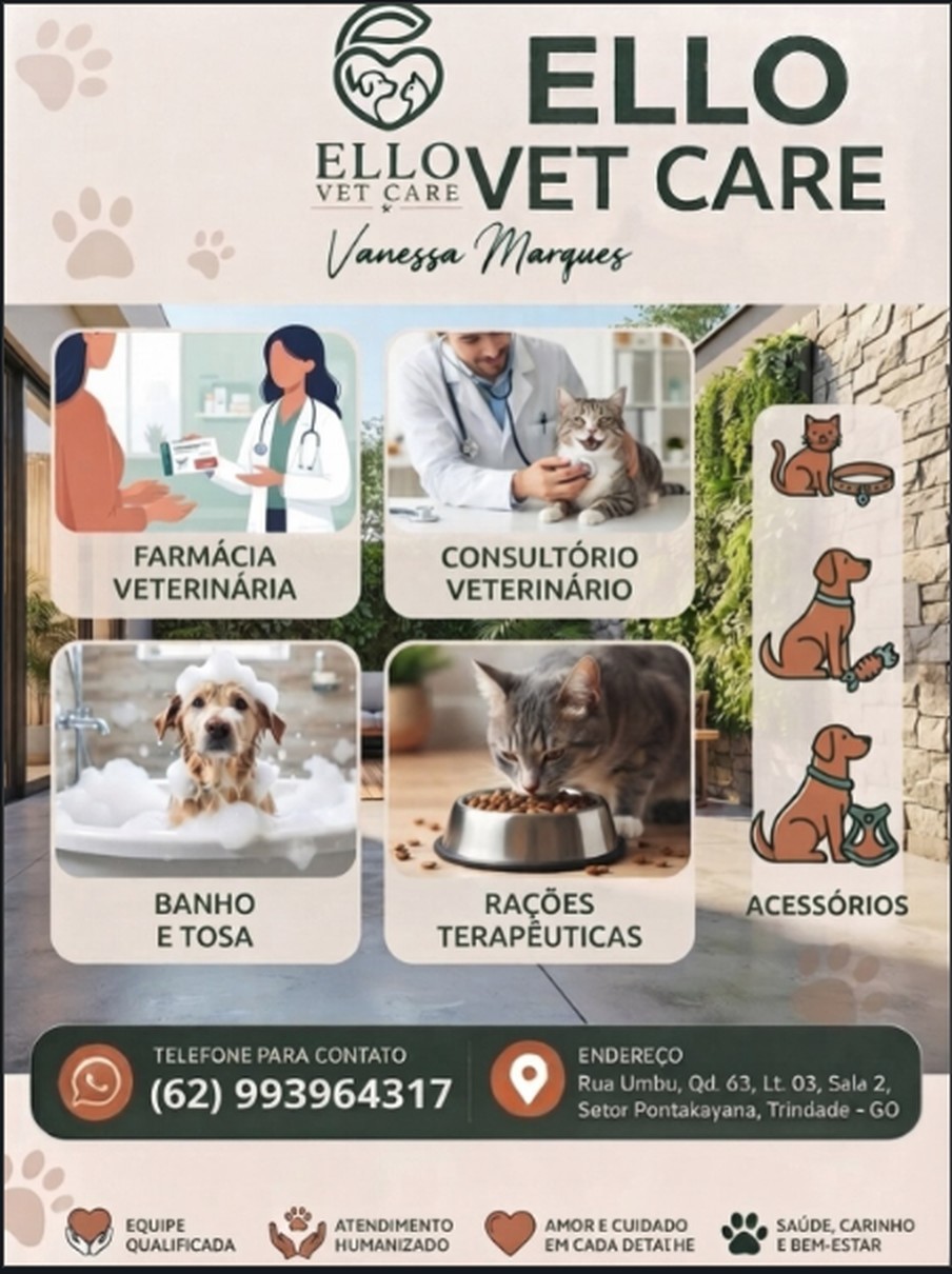 Arte da Ello Vet Care com os serviços: farmácia veterinária, consultório, banho e tosa, rações terapêuticas e acessórios